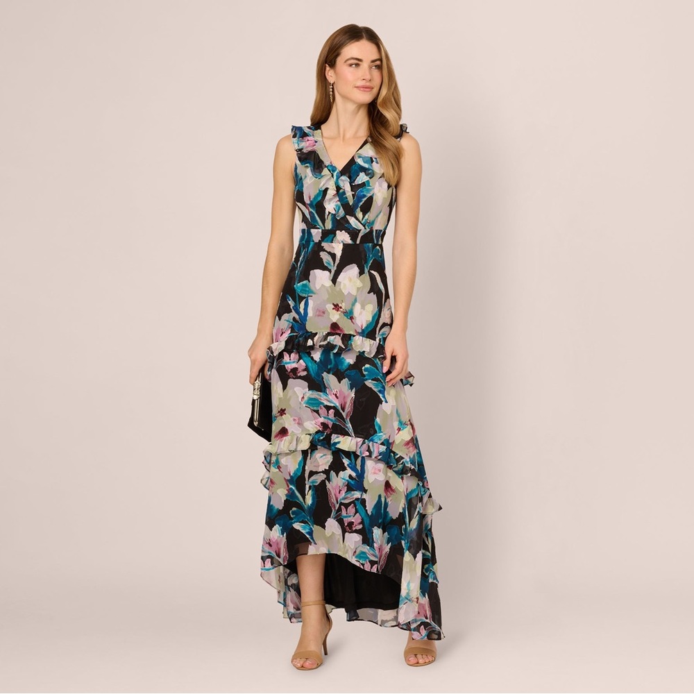 Adrianna Papell Floral Ruffle Maxi Dress Size 0 NWT Chiffon Formal Gown GALA MOB